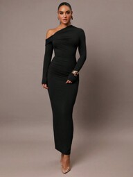 Silquee Abito in maglia aderente a tinta unita, scollo a spalla, elegante per feste, maniche lunghe, adatto per uscite romantiche, autunno e inverno, abito da sera, Ognissanti e Natale