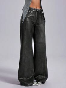 SHEIN ICON Blue & Black Paint High Waist Women's Straight Leg Jeans - Dark Wash - View 3