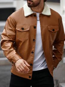 Manfinity Homme Men's Casual Contrast Color Fur Collar Jacket, Autumn/Winter - Khaki - View 7