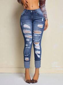 SHEIN SXY Women's Simple Front Button Pocket Distressed Jeans, Casual Daily Wear