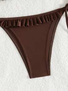 Swim Lushoire 2pcs/Set Women Beach Vacation Solid Color Ruffled Hem Halter Tie Sexy Bikini Summer - Brown - View 6