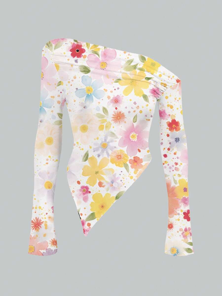 cha5rlie Maglietta con maniche lunghe asimmetriche, stile minimalista fresco, con stampa floreale di stile, adatta per autunno/inverno, vacanze, Capodanno, San Valentino, primavera, festival - Multicolore - Visualizzare 1