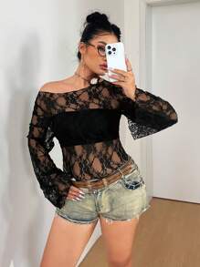 SHEIN EZwear 大码女式蕾丝透视长袖衬衫 - 黑色 - 查看 7