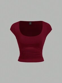 SHEIN Essnce 2 chiếc áo thun cổ tròn tay ngắn ôm vừa vặn eo đơn giản dành cho nữ - Màu Đỏ Sâu - Xem 5