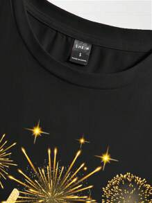 SHEIN EZwear 休闲新年快乐 2025 金色印花图案黑色宽松圆领短袖女式 T 恤，新年服装 - 黑色 - 查看 4