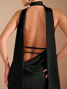 SHEIN BAE 红色性感优雅深 V 领细肩带露背系带美人鱼下摆针织连衣裙，适合鸡尾酒会、浪漫约会、秋冬分层穿着、派对、婚礼派对、万圣节、圣诞节 - 黑色 - 查看 6