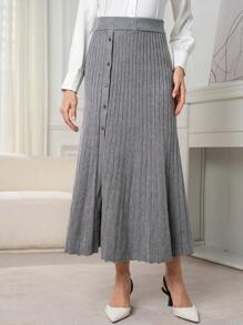 Modelyn Women Plain Color Button Decor Simple Casual Sweater Skirt - Grey - View 2