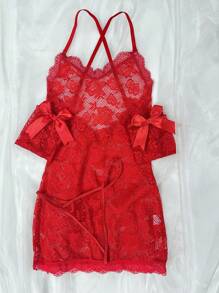 SHEIN Bộ 4 món bao gồm váy ngủ ren Babydoll, quần lọt khe và găng tay trang trí nơ, bộ đồ lót Valentine đi chơi, phong cách Baddie - Đỏ - Xem 5