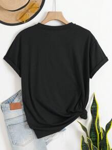 SHEIN LUNE Áo thun nữ cổ tròn tay ngắn in họa tiết hoa và khẩu hiệu giản dị thoải mái - màu đen - Xem 2