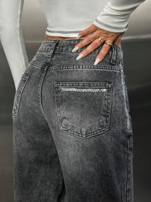 EURMUSE HIGH WAIST STRAIGHT JEAN DENIM SIMPLE CASUAL DAILY - Black - View 6