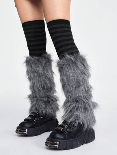 Grunge Punk 1 Pair Striped Over-The-Knee Socks + 1 Pair Fluffy Leg Warmers, 2Pcs Set In Minimalist Solid Colors, Y2K Girly Style, Suitable For Daily Layering & Keeping Warm