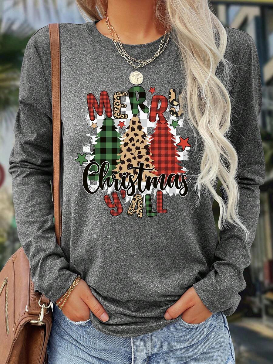 SHEIN LUNE Thời trang Anh Quốc Thoải mái giản dị Vừa vặn tại nhà Thời trang Thu Đông Xuân Thường ngày Đi chơi Áo thun họa tiết dài tay cho nữ mùa xuân - Xám - Xem 1