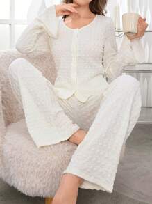 Solid Color V-Neck Jacquard Open Front Long Sleeve & Long Pants Pajama Set - Apricot - View 1