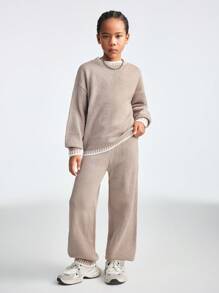 SHEIN Tween Girl 拼色圆领落肩长袖毛衣和针织裤休闲装，秋冬 - 卡其色 - 查看 4