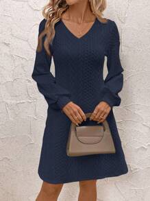 SHEIN Clasi Women's Plain V-Neck Long Sleeve Casual Mini Dress, Autumn - Navy Blue - View 4