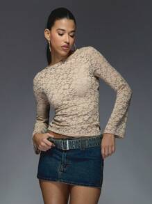 MISSGUIDED Sheer Lace Flared Long Sleeves Cowl Back Top - Camel - View 1