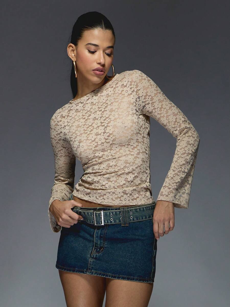 MISSGUIDED Sheer Lace Flared Long Sleeves Cowl Back Top - Camel - View 1