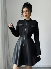 Chiquease 春秋时尚 PU 拼布腰部修身性感中长 A 字连衣裙