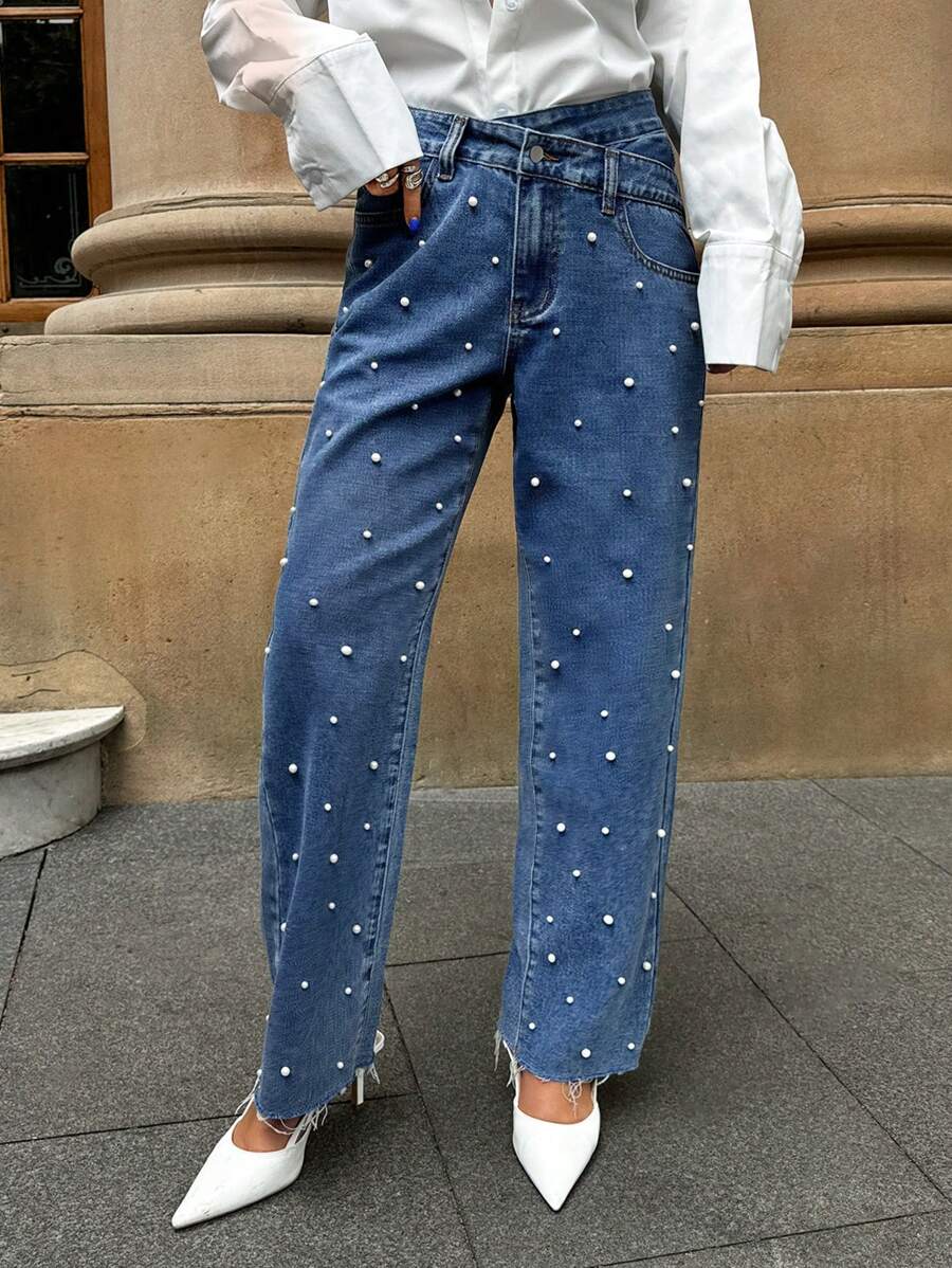 Forever 21 女士不对称腰带仿珍珠装饰口袋直腿休闲牛仔裤 - 藍色 - 查看 1