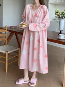 DAZY Teddy Bear & Floral All-Over Print Letter Decor Loose Nightgown Pajama - Pink - View 7