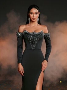Glamrae Elegant Black One-Shoulder Fishtail Dress,Luxury Hot Diamond Handmade Pearl Long Sleeve Prom Gown For Wedding Guest,Graduation & Heavy Industry Dinner - Black - View 2