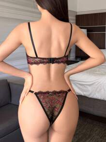 DAZY Sheer Lace Wireless Push-Up Bra And Thong Lingerie Set - Black - View 2