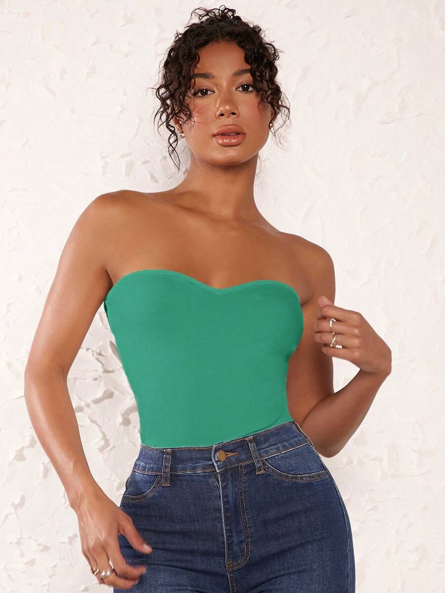 SHEIN BASICS Women Solid Color Fitted Casual Tube Top - Green - View 1