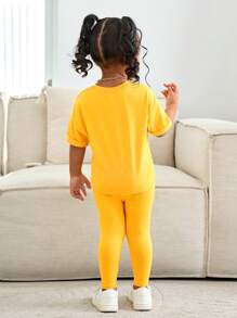 SHEIN Baby Girl Cute Yellow Short Sleeve T-Shirt And Elastic Waist Pants 2 Pieces Set, Casual Stylish Bright Yellow Outfit For Outdoor - Yellow - View 2
