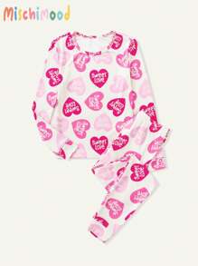 2 pezzi Set da lounge aderente a maniche lunghe con stampa a cuori all-over per ragazze pre-adolescenti