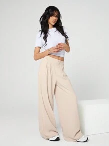 SHEIN EZwear 女式休闲简约编织阔腿裤（杏色） - 杏色 - 查看 3