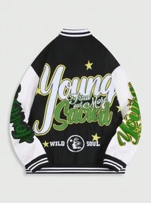 ROMWE MEN Street Life Men's Preppy Letter Color Block Front Button Long Sleeve Pocket Print Casual Baseball Jacket - Black and White - View 2