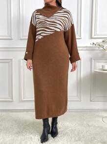 Mulvari Plus Size Women Zebra Stripe Dropped Shoulder Long Sleeve Loose Long Sweater Dress, Casual For Autumn/Winter