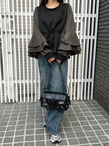 FRIFUL 女式撞色层叠荷叶边衬衫，秋季长袖上衣 - 黑色 - 查看 2