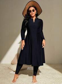 Swim Mulvari 2 件/套大码女式纯色长袖圆领收腰修身长上衣 + 裤子，沙滩装/泳衣，适合休闲/度假夏季