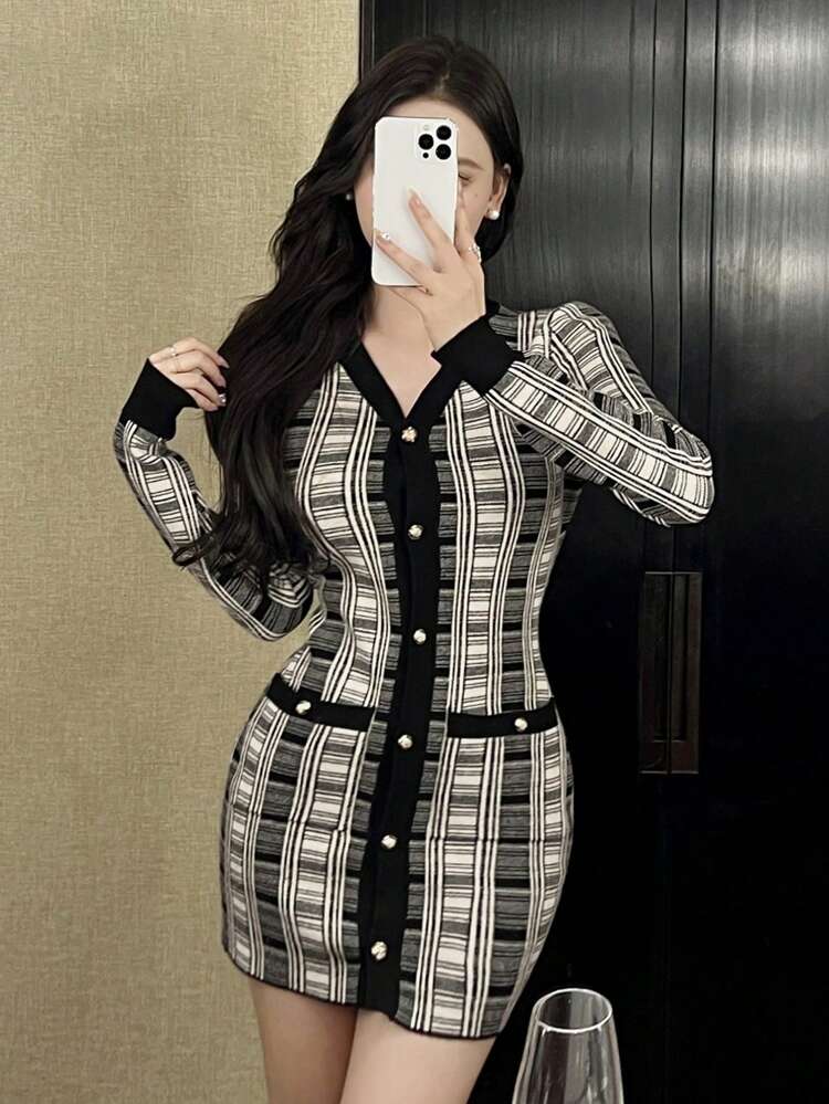 Women Plaid Long Sleeve Single-Breasted Fitted Knit Sweater Dress, Autumn/Winter,Fall Women Clothes