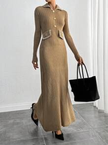 SHEIN Tall Women's Solid Color Splicing Front Button Pocket Long Sleeve Minimalist Long Dress - Mocha Brown - View 3