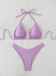 SHEIN Swim Bộ đồ bơi bikini buộc dây lưng màu trơn cho nữ mùa hè - Màu tím - Xem 5