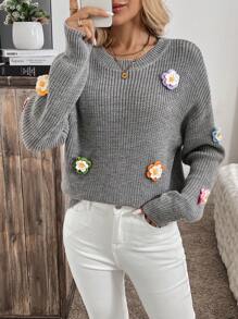Calvaya 3D Flower Decor Women's Pullover Sweater, Simple Fashionable Casual Everyday Wear