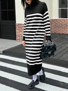 INAWLY 女士高领长袖简约条纹休闲长款毛衣连衣裙 - 彩色 - 查看 7