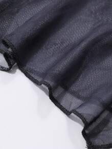 DAZY 女士蝴蝶网纱不对称荷叶边拼接上衣，半透明长袖女士上衣，秋季女士外出上衣 - 黑色 - 查看 6