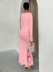 Glamine Váy dài tay họa tiết hoa cho nữ, trang phục Maxi thu đông cho nữ - Hồng - Xem 2