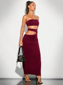 SHEIN BAE Solid Color Sexy Hollow Out Tight Bodycon Dress, Charming Mini Dress For Spring/Summer, Perfect For Party, Date Night, Girls' Gathering - Burgundy - View 5