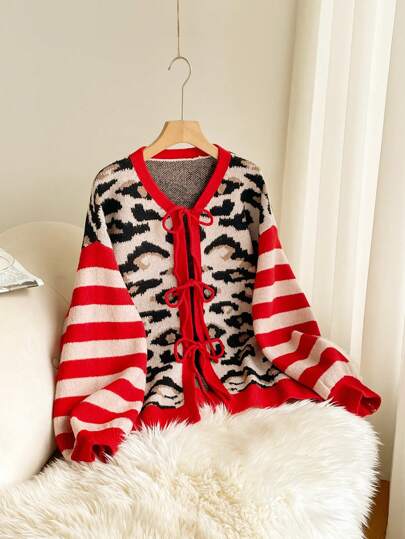 CosyJoli 秋冬大码女款豹纹红白条纹蝴蝶结系带开衫