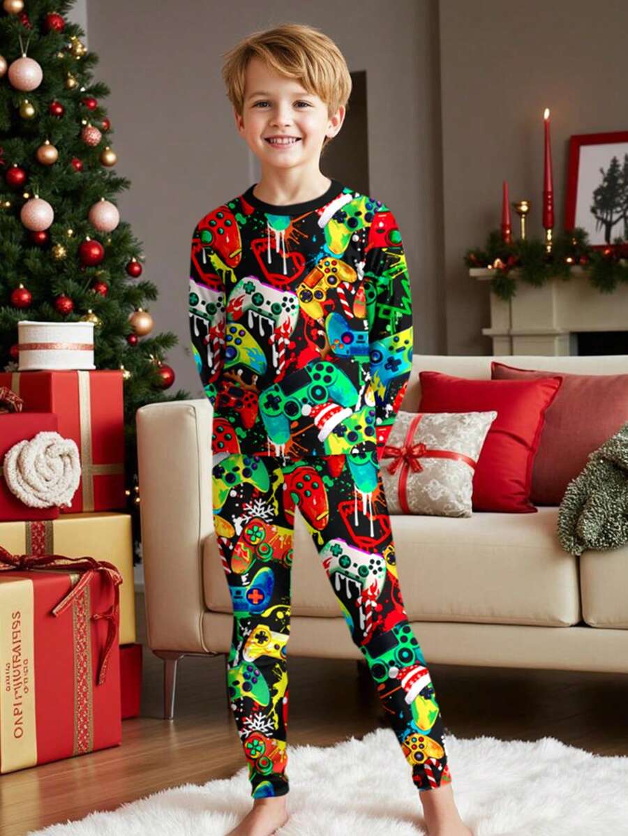 SHEIN Leap Crew Tween Boy Casual Cartoon Game Print Snug Fit Long Sleeve Crew Neck Thermal Lined Loungewear Set, Suitable For Autumn/Winter - Multicolor - View 1