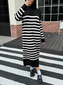 INAWLY 女士高领长袖简约条纹休闲长款毛衣连衣裙 - 彩色 - 查看 4