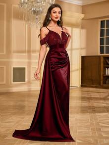 带亮片和细肩带的缎面连衣裙，优雅正式晚会礼服，适合婚礼嘉宾、毕业典礼、晚宴 - 酒紅色 - 查看 3