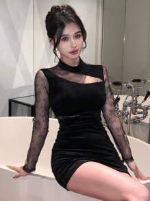 DAZY Đầm ngắn nhung tay dài cổ đứng phối ren cho nữ, kiểu dáng đơn giản, thường ngày, thích hợp cho dạ hội, mùa thu, thanh lịch, đêm giao thừa, ngày Valentine. - màu đen - Xem 8