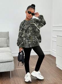 Bộ áo hoodie cổ tròn thường ngày cho bé gái tuổi mới lớn và quần legging cạp cao co giãn, mặc hàng ngày - xanh quân đội - Xem 1