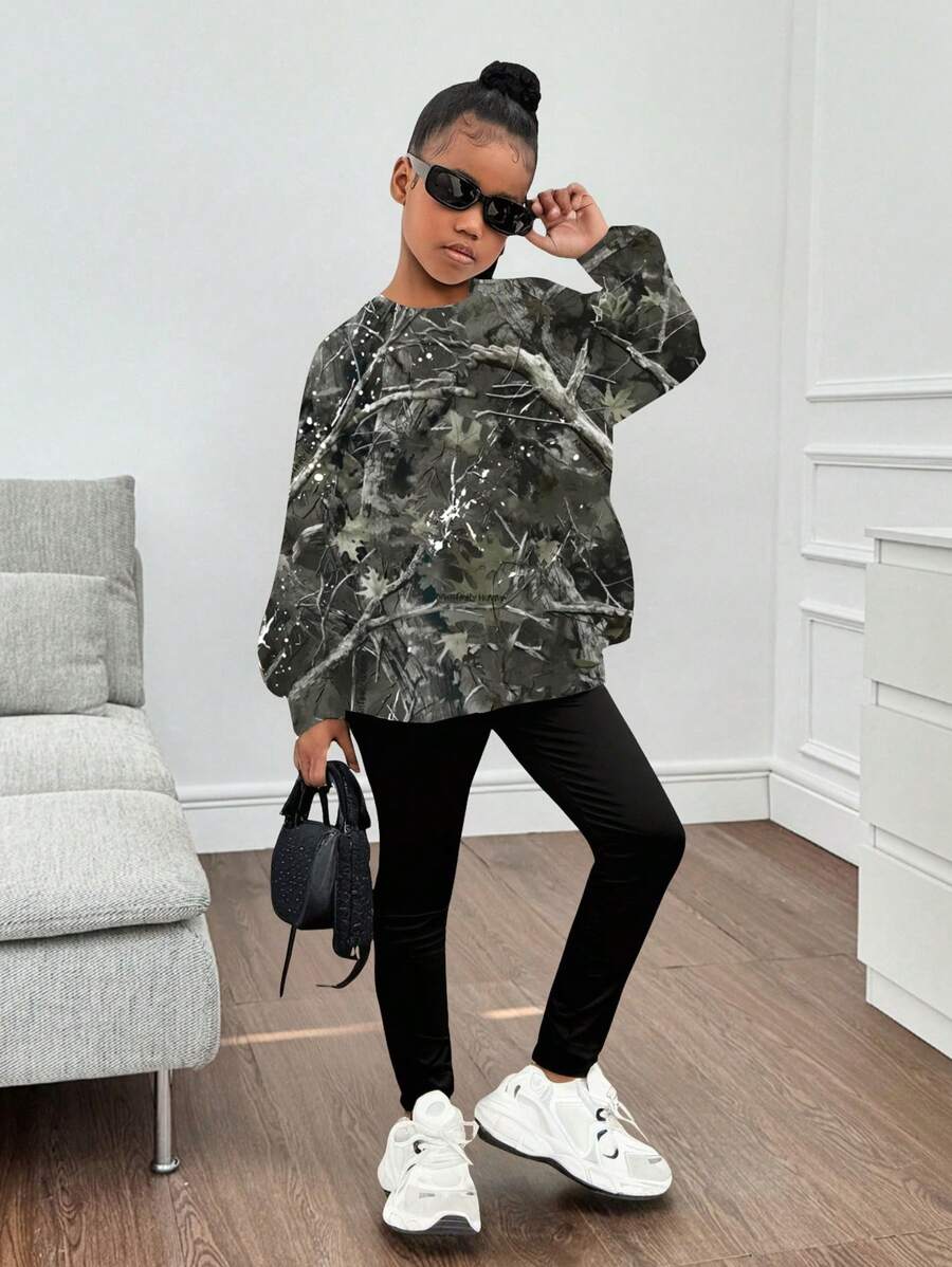 Bộ áo hoodie cổ tròn thường ngày cho bé gái tuổi mới lớn và quần legging cạp cao co giãn, mặc hàng ngày - xanh quân đội - Xem 1