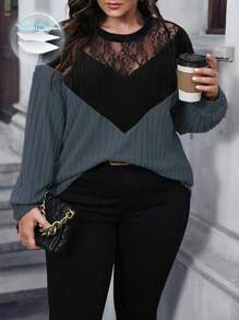 Calvaya Rozmiar Plus Damski Sznurówka Łączenie Kolorowe bloki Bluzy